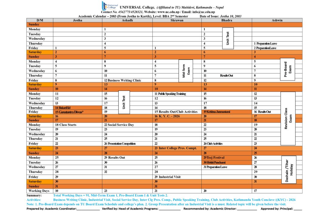 Academic Calendar BBA 2nd Sem 2083